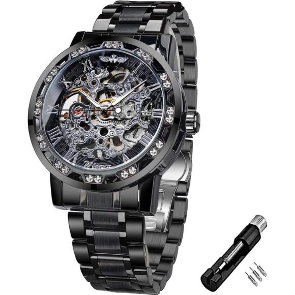 Retro Manual Mechanical Skeleton Watch with Diamond& Carving Flower, BlackSilver